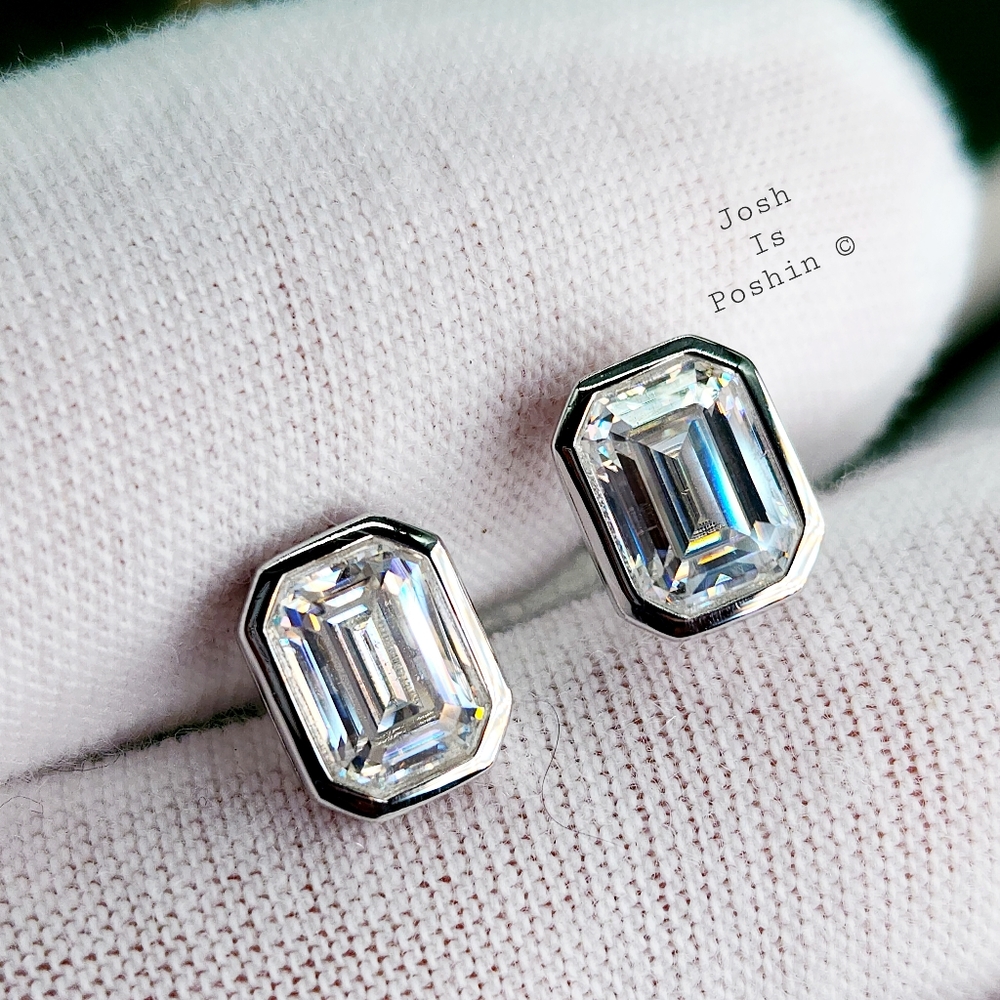 Moissanite emerald shape bezel stud earrings in sterling silver